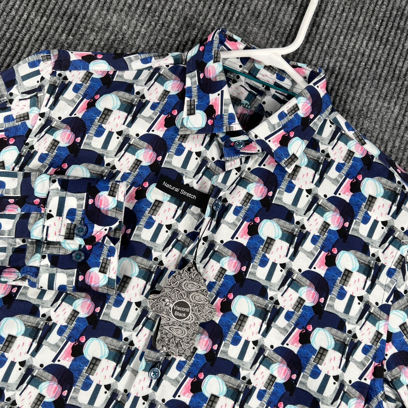 Visconti Black Shirt Mens Small Blue White Geometric Long Sleeve Button Up New